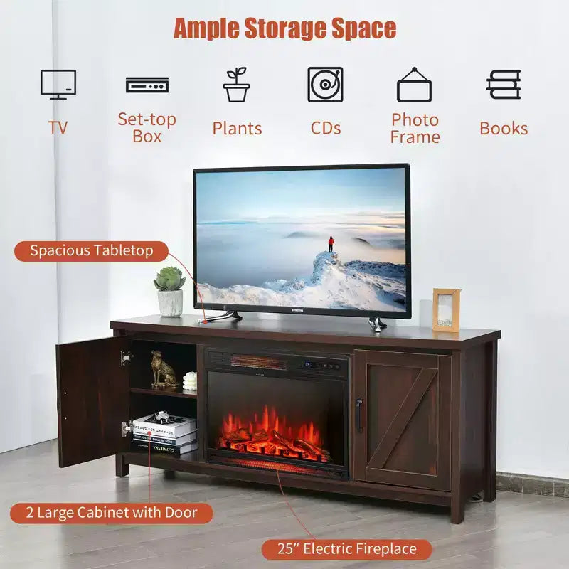 Meuble TV de 59 po avec cheminée électrique de 25 po de 1350 W et télécommande, convient aux téléviseurs jusqu'à 65 po