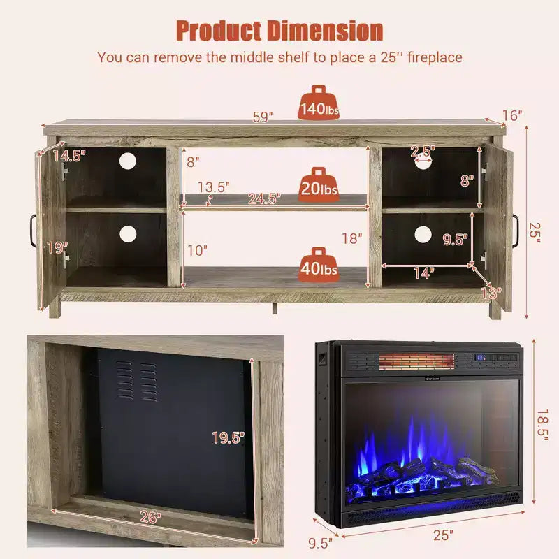 Meuble TV de 59 po avec cheminée électrique de 25 po de 1350 W et télécommande, convient aux téléviseurs jusqu'à 65 po