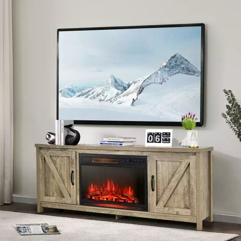 Meuble TV de 59 po avec cheminée électrique de 25 po de 1350 W et télécommande, convient aux téléviseurs jusqu'à 65 po