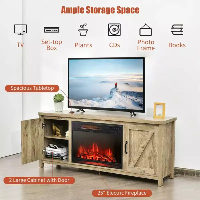 Meuble TV de 59 po avec cheminée électrique de 25 po de 1350 W et télécommande, convient aux téléviseurs jusqu'à 65 po