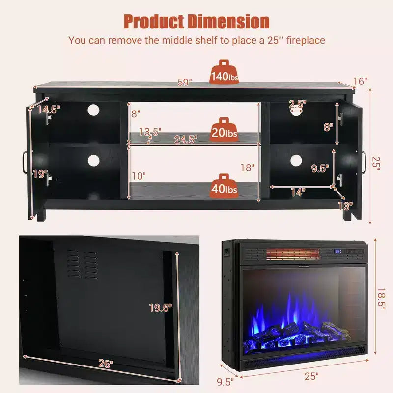 Meuble TV de 59 po avec cheminée électrique de 25 po de 1350 W et télécommande, convient aux téléviseurs jusqu'à 65 po