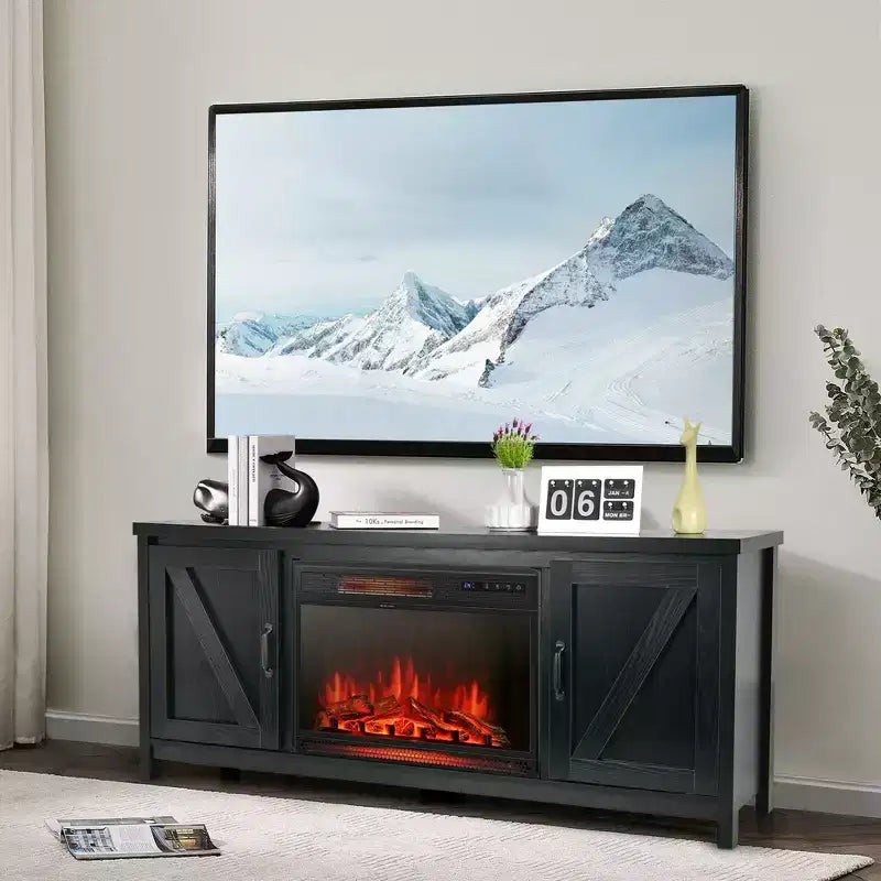 Meuble TV de 59 po avec cheminée électrique de 25 po de 1350 W et télécommande, convient aux téléviseurs jusqu'à 65 po