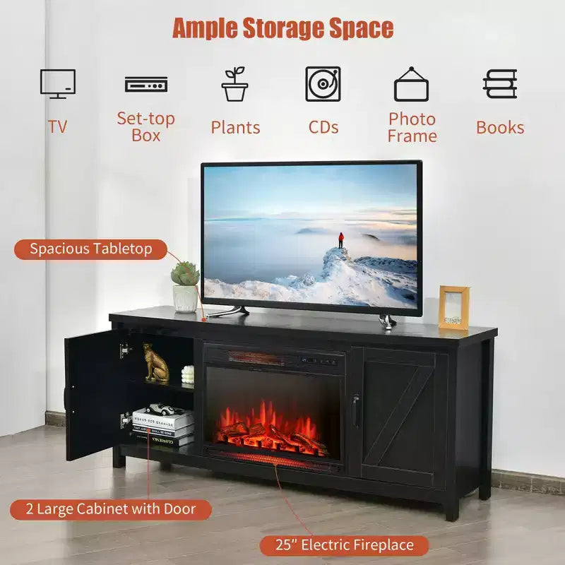 Meuble TV de 59 po avec cheminée électrique de 25 po de 1350 W et télécommande, convient aux téléviseurs jusqu'à 65 po