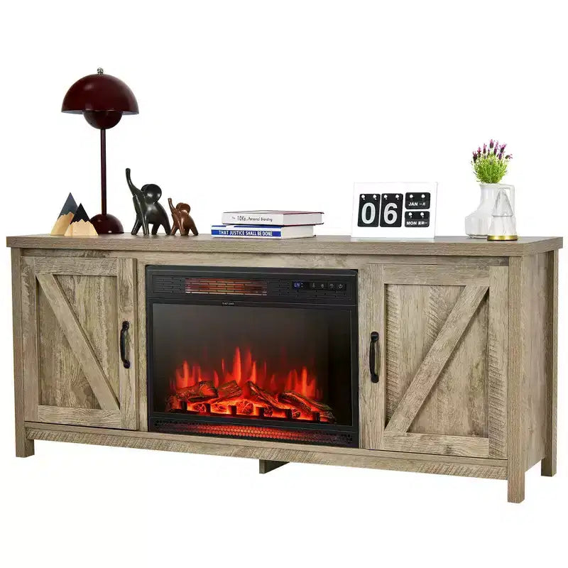 Meuble TV de 59 po avec cheminée électrique de 25 po de 1350 W et télécommande, convient aux téléviseurs jusqu'à 65 po