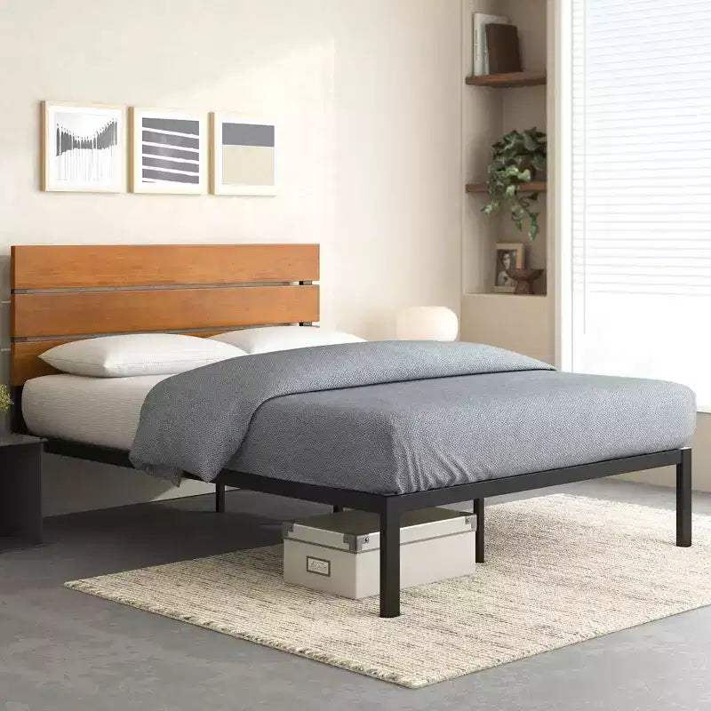 Cadre de lit plateforme en métal, finition naturelle, disponible en tailles Twin, Full, Queen, King