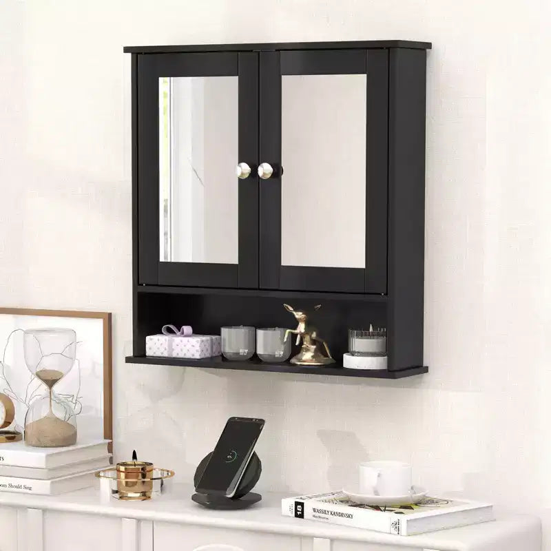 Meuble de rangement mural pour salle de bain avec miroir, 56x13x58 cm, Blanc/Gris/Marron/Noir