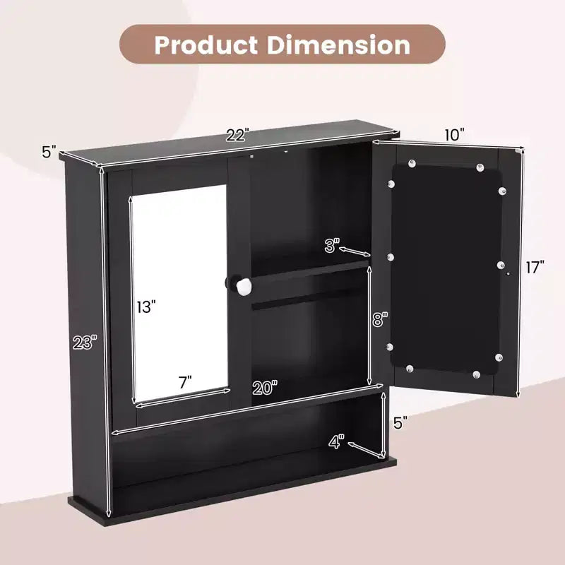 Meuble de rangement mural pour salle de bain avec miroir, 56x13x58 cm, Blanc/Gris/Marron/Noir
