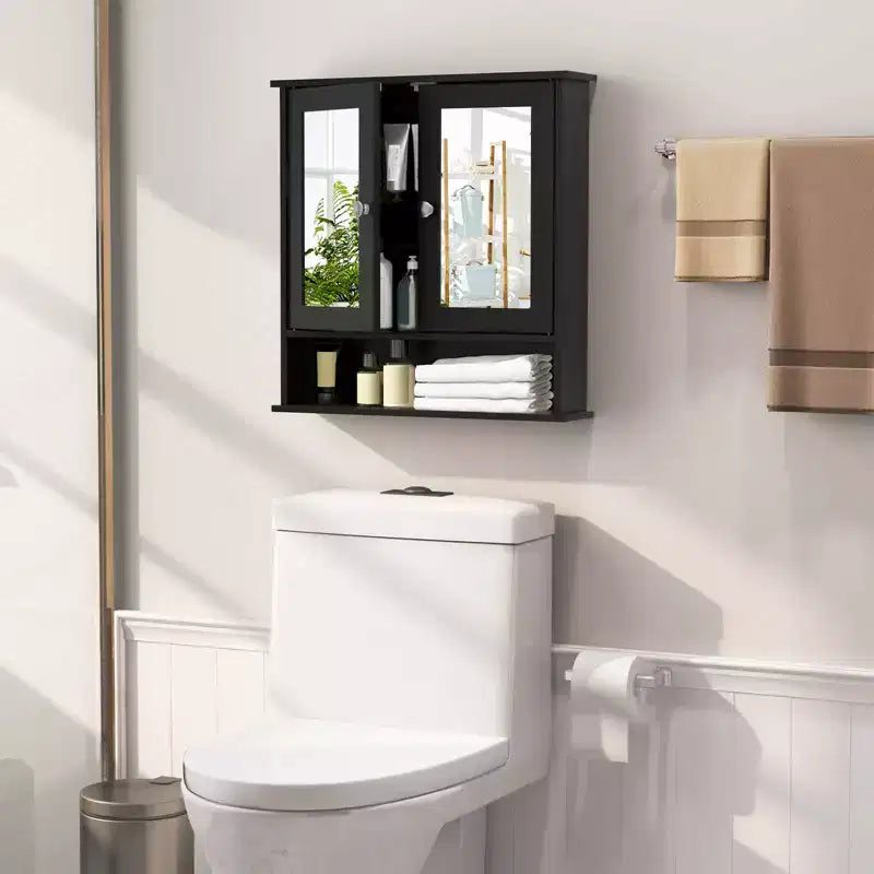 Meuble de rangement mural pour salle de bain avec miroir, 56x13x58 cm, Blanc/Gris/Marron/Noir