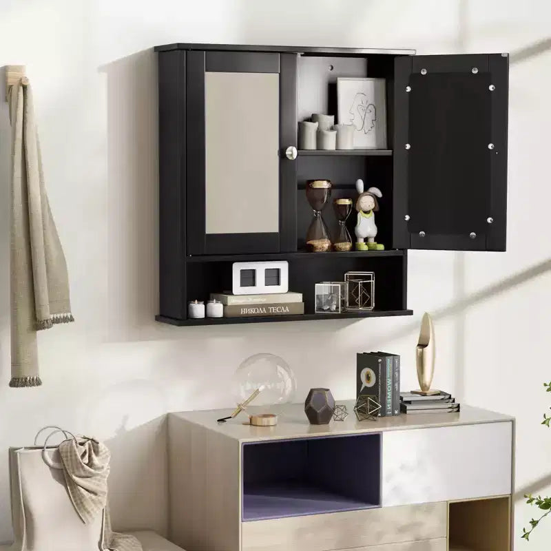 Meuble de rangement mural pour salle de bain avec miroir, 56x13x58 cm, Blanc/Gris/Marron/Noir