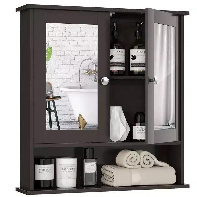 Meuble de rangement mural pour salle de bain avec miroir, 56x13x58 cm, Blanc/Gris/Marron/Noir