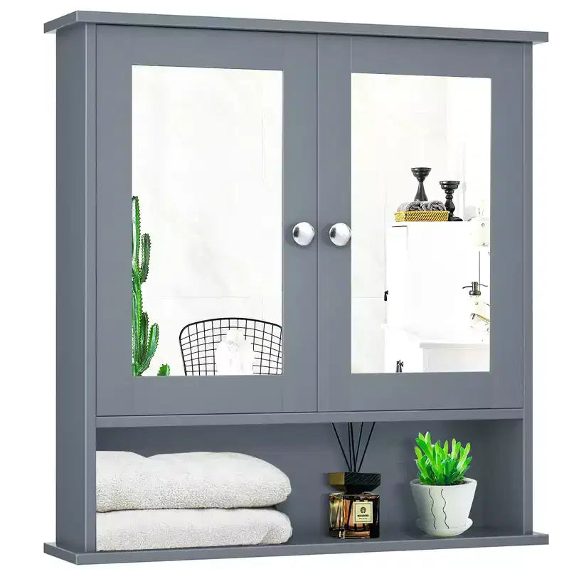 Meuble de rangement mural pour salle de bain avec miroir, 56x13x58 cm, Blanc/Gris/Marron/Noir